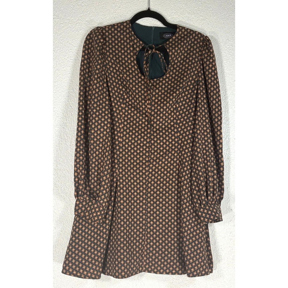 Cider Green Floral Mini Dress - Large - Keyhole Tie Puff Sleeve  Retro‎ Mod Boho